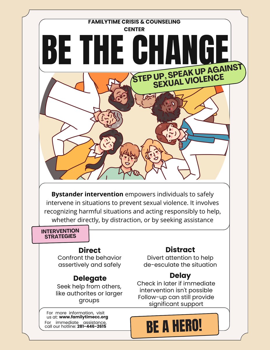 Be a hero in someone's story. 🦸🏻‍♀️Learn how to step up against sexual violence with our easy bystander intervention strategies. Together, we can make a difference. Need immediate help? Call our hotline: 281-446-2615. #BeTheChange #EndSexualViolence 📲