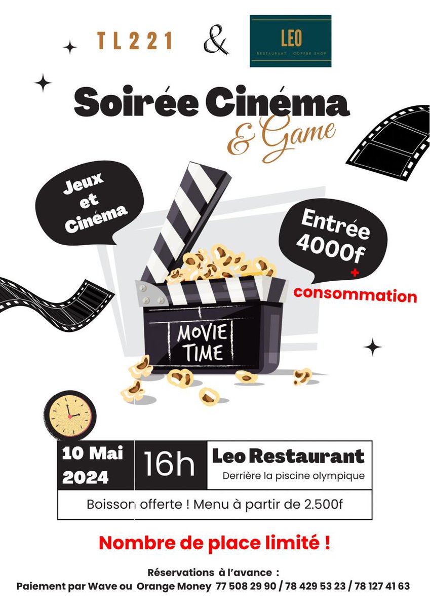 “🎬 Rejoignez la communauté des twittos pour une soirée inoubliable de jeux, réseautage et cinéma! 🎮✨ 

Rendez-vous le 10 Mai à 16h au @Leo_restau pour une expérience unique. 
Découvrez des jeux passionnants, échangez avec les Twittos et profitez de la projection spéciale du…