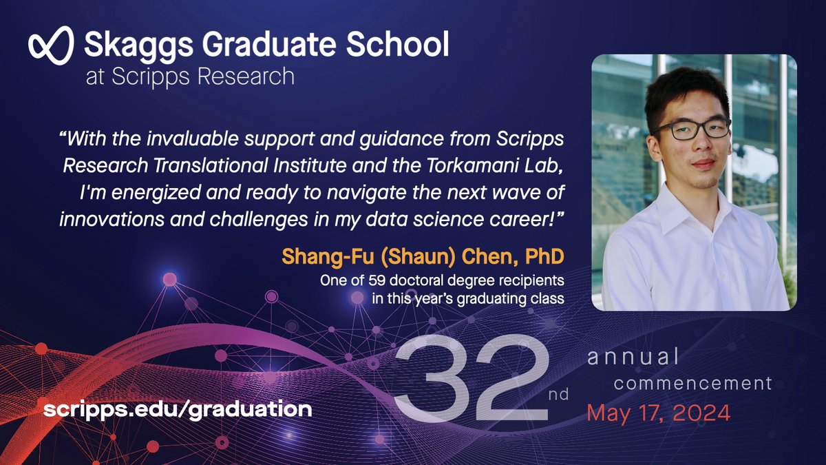 Working under @ATorkamani in @ScrippsRTI, @ShaunFChen leveraged #artificialintelligence and #genomic data to enhance the prediction and primary prevention of coronary artery disease. #AI Read more about Shaun and sign up for our graduation livestream at: scripps.edu/graduation