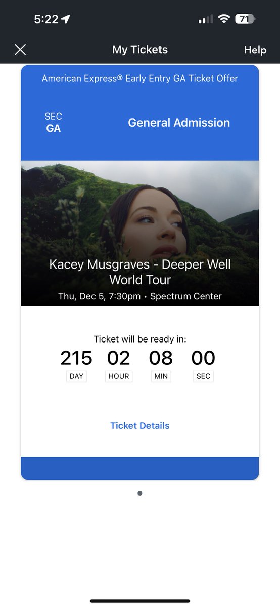i’m selling my one (1) kacey musgraves deeper well tour pit / ga / general admission early entry ticket for charlotte, nc on december 5 if you’re interested pls dm!!