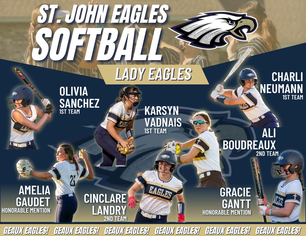 Are you proud to be an Eagle?! YES WE ARE! 🏆 St. John was well represented for the 2024 All-District Softball Team. Join us in congratulating all the St. John Eagle softball players that were awarded All-District this season! 🦅📣#SJEagles #EaglePride #WeAreStJohn #EagleStandard