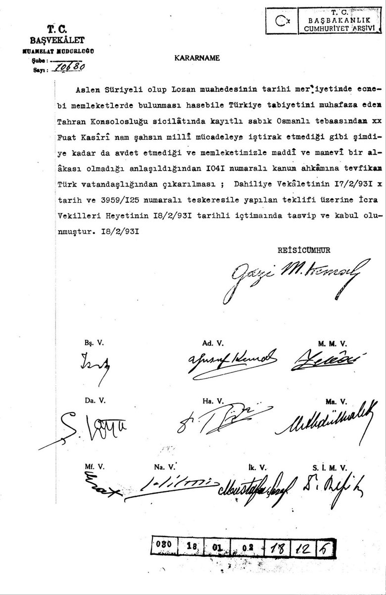 🔔Ulu önder Gazi Mustafa Kemal Atatürk'ün, Milli Mücadele’ye katılmayan ve ülkeye fayda sağlamayan ‘Fuat Kasiri’ isimli Suriyeliyi Türk vatandaşlığından çıkardığı belge ortaya çıktı.