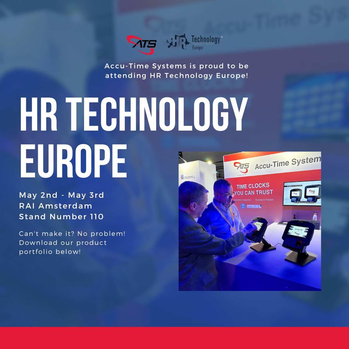 accu_time's tweet image. HR Technologies in Amsterdam is just around the corner! Visit our stand to see our stride80 time clocks with facial recognition and palm vein reader technology in person. Can&apos;t make it? Download our portfolio here: 
bit.ly/4b354vR