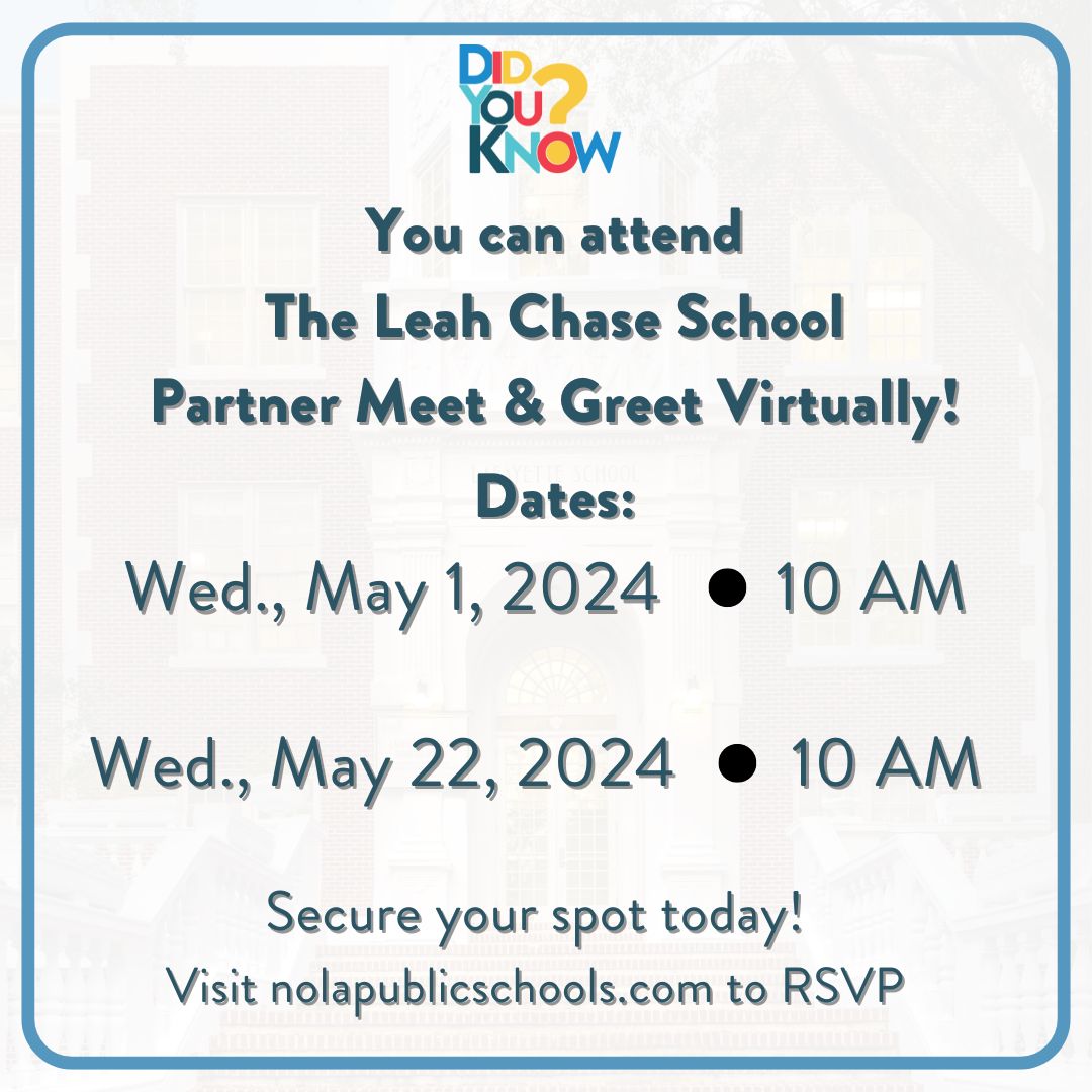 #DidYouKnow? 🌌 You can join the next two Virtual Partnership Meetings for The Leah Chase School! 🎉 Learn how you can be involved in our new school! 🤔 Secure your spot today by clicking the link in below. See you there! 📝 #LeahChaseSchool forms.office.com/Pages/Response…