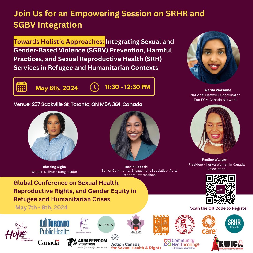 Join @Wrrdah_w, National Network Coordinator at @CanadaFgm, as she speaks at our conference! 
Don't miss her session on integrating SGBV prevention efforts with SRH services in refugee and humanitarian contexts. 
Learn more: ow.ly/rzWM50Ru2jw 
#SRHRForAllRefugees