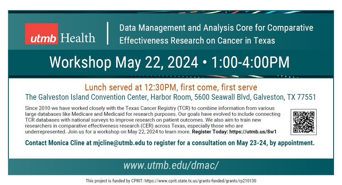 UTMB's Data Management & Analysis Core for Comparative Effectiveness Research on Cancer in Texas is hosting a workshop on May 22nd following the @TXPHA Annual Education Conference. Register here: utmb.us/8w1 @CPRITTexas