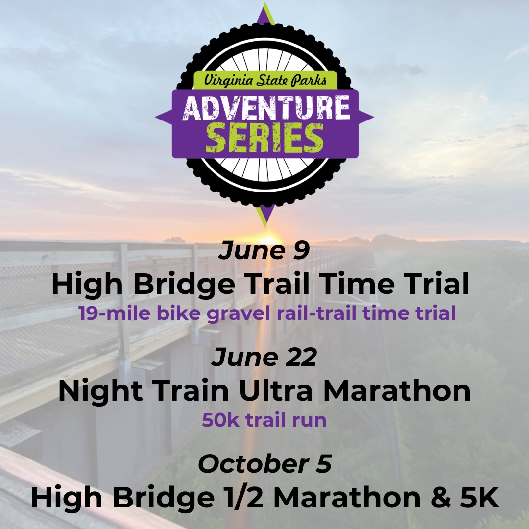 Race your way across #HighBridgeTrailStatePark! Whether you're a gravel cyclist, ultra runner or like running casually, you should sign up for one of the #VSPAdventureSeries races hosted on this scenic rail-trail. Find details at virginiastateparks.gov/adventure-seri…. #railtrail #runVirginia