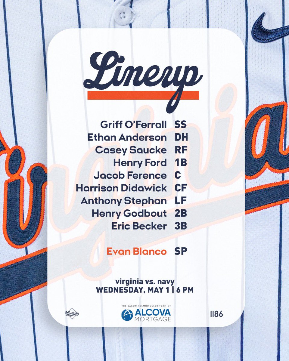 Tonight’s lineup against Navy! First pitch in ACCNX (📺) & WINA (📻) at 6 PM! #GoHoos