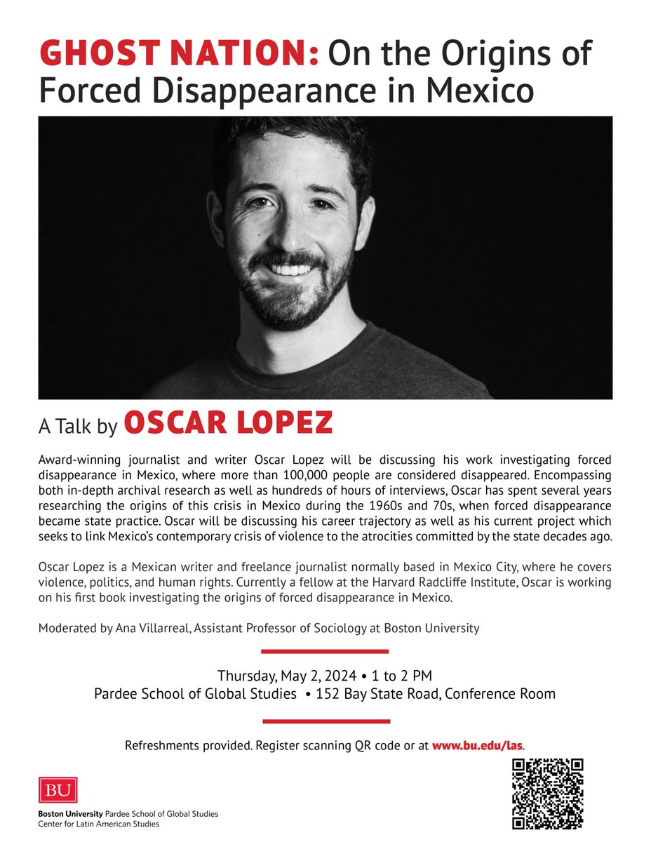 Join us for a talk tomorrow by award-winning journalist Oscar Lopez. We'll discuss Lopez's research on forced disappearance in Mexico, shedding light on its historical origins and contemporary implications. bit.ly/44kPAkr