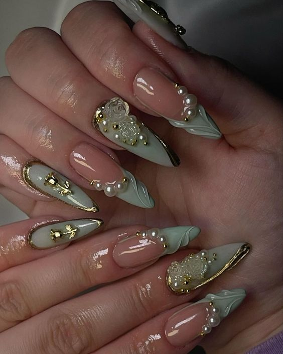 sage and gold nails