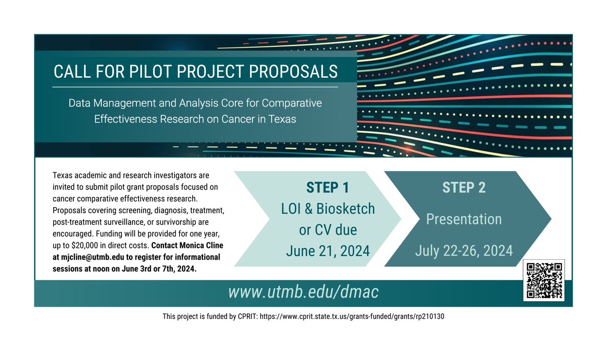 UTMB's Data Management & Analysis Core (DMAC) for Comparative Effectiveness Research on Cancer in Texas is accepting pilot grant proposals focus on cancer comparativeness research. Info sessions will be at 12 PM on 6/3 and 6/7. Learn more here: utmb.edu/dmac/pilot-pro…