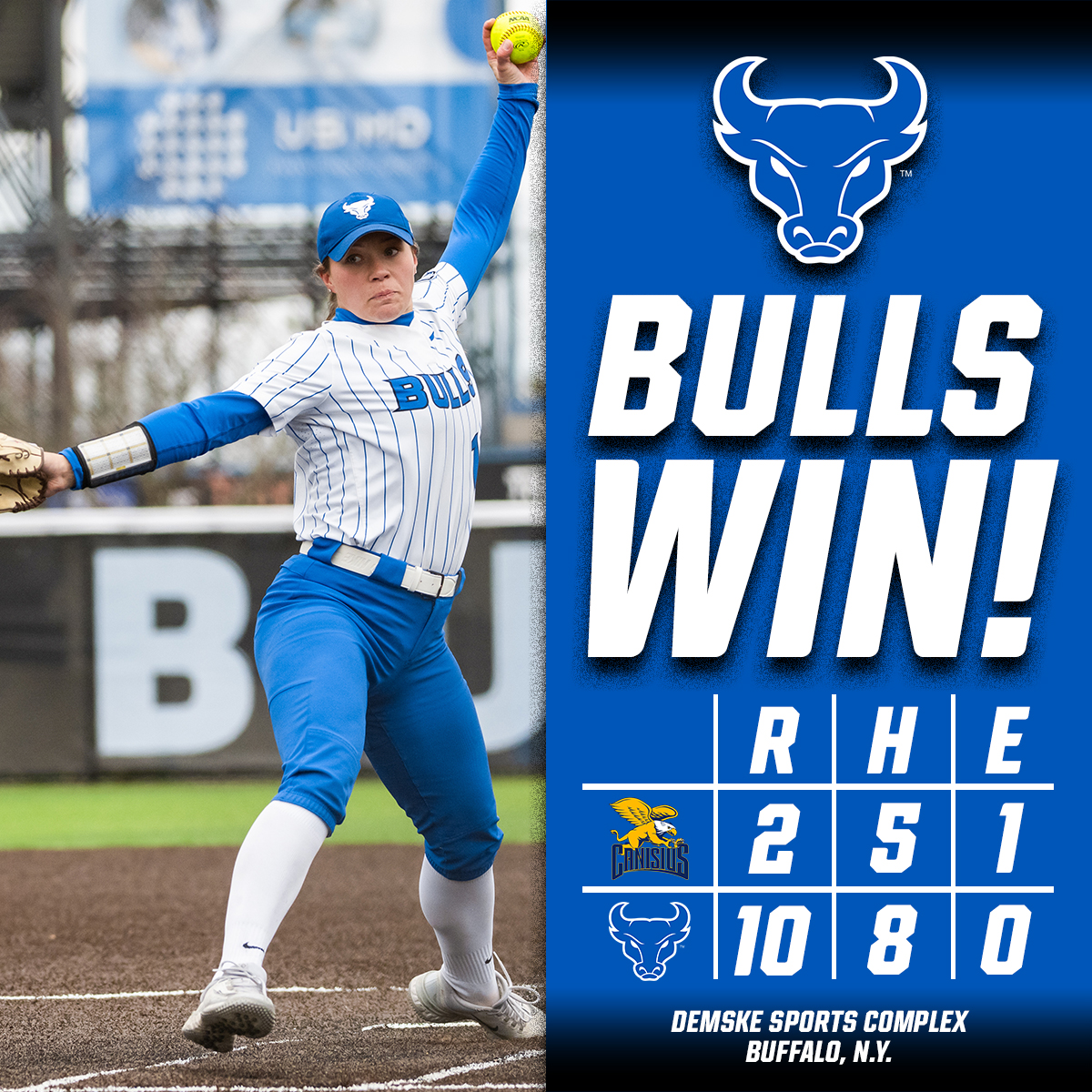 𝗕𝗨𝗟𝗟𝗦 𝗪𝗜𝗡!

Alexis Lucyshyn goes the distance with 12 strikeouts! Madison Fernimen, Sara Kelly and Lucyshyn led the offense with two hits each. Kelly finished with three RBIs! #UBhornsUP