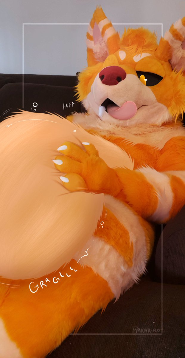 cozying up on a couch while ur meal is worked into more padding 🧡 fursuit drawover for @16d6AcidDamage