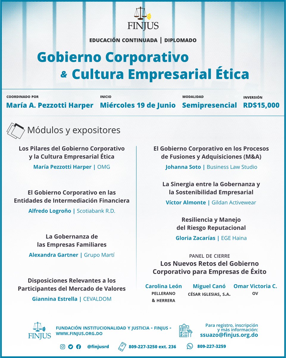 Pronto inicia este diplomado único en el país, el cual cuenta con docentes de insuperable calidad. Los invito a conocer el programa e inscribirse a través de <a href="/finjusrd/">FINJUS</a>
