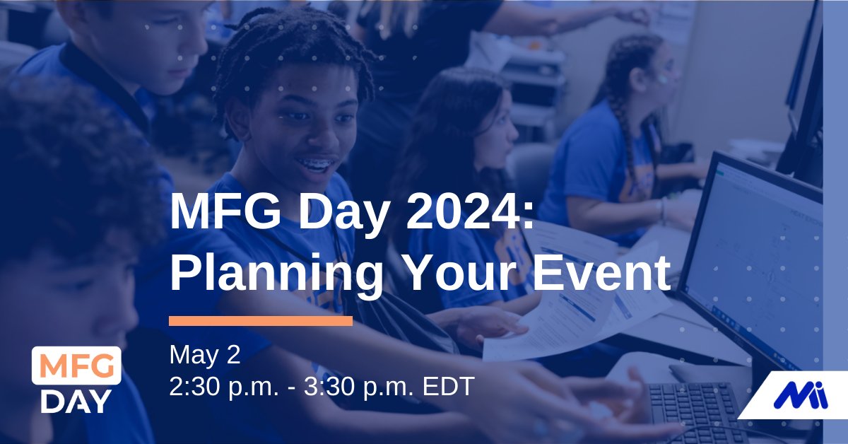 Want to participate in @mfgDay? Join the MI's webinar TOMORROW May 2 at 2:30 p.m. EDT to learn how to join thousands of companies and educational institutions nationwide for a successful and impactful MFGDay24: themanufacturinginstitute.org/events/mfg-day…