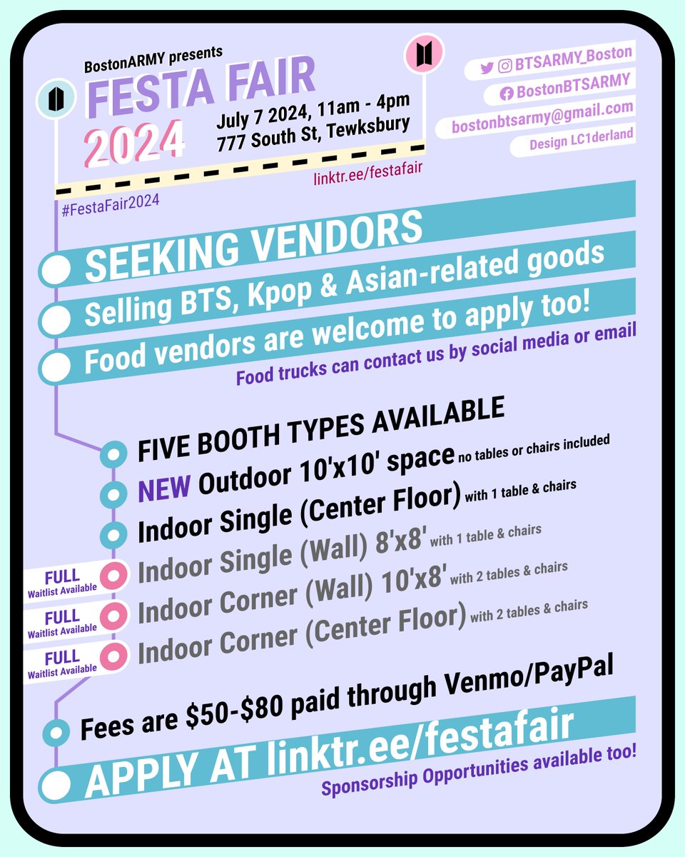 We had an incredible turnout for the 1st round of vendor selections!

We still have a ✨few spaces✨ left if you'd like to join #FestaFair2024 as a vendor selling #BTS/#Kpop/Asian-related goods

Don't miss this chance! Apply at linktr.ee/festafair

#seekingvendors #craftfair