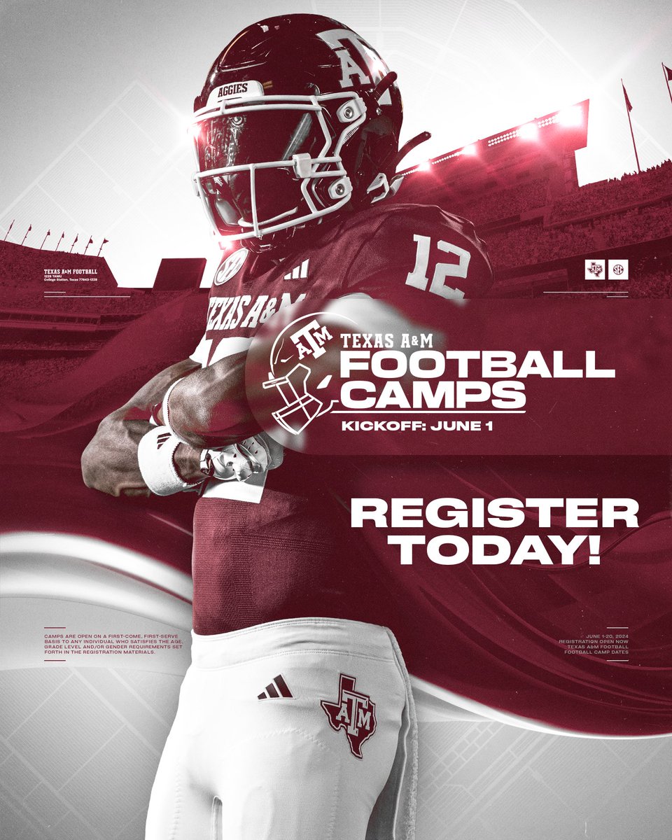 We are one month from the start of Aggie Football camps. Secure your spot today ⤵️ 📝 12thman.com/footballcamp #GigEm