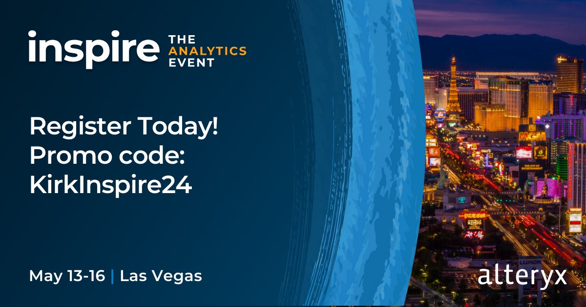 .@Alteryx is offering $150 OFF #AlteryxInspire Conference Pass! Join me at this #Analytics Event. Register with my discount code 'KirkInspire24' at bit.ly/3OZHLdc #AlteryxInspire24 *NOTE: Code does not apply to pre-purchased tickets nor can it be applied retroactively.