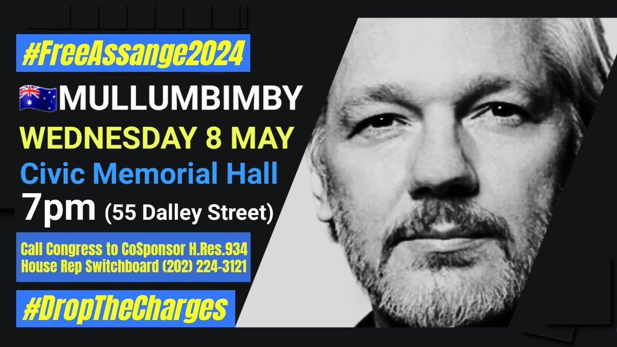 @POTUS @TheJusticeDept @AssangeActionDC @DCMetro4Assange @halobenson @James70068726 @alimay101234 @FreeAssangeNews @6HillgrovePR @AndrewZigmund @drgloryjjjjj958 @AssangeNY 🇦🇺MULLUMBIMBY 🔥WED 8 MAY 2024 Civic Memorial Hall 7pm An Evening With  Julian Assange's Father John Shipton FREE ASSANGE - MAY DAY TOUR Guest speaker Dean of Law at SCU and former magistrate  David Heilpern (55 Dalley Street) via @RoydrDrew (N. Rivers NSW for Assange)