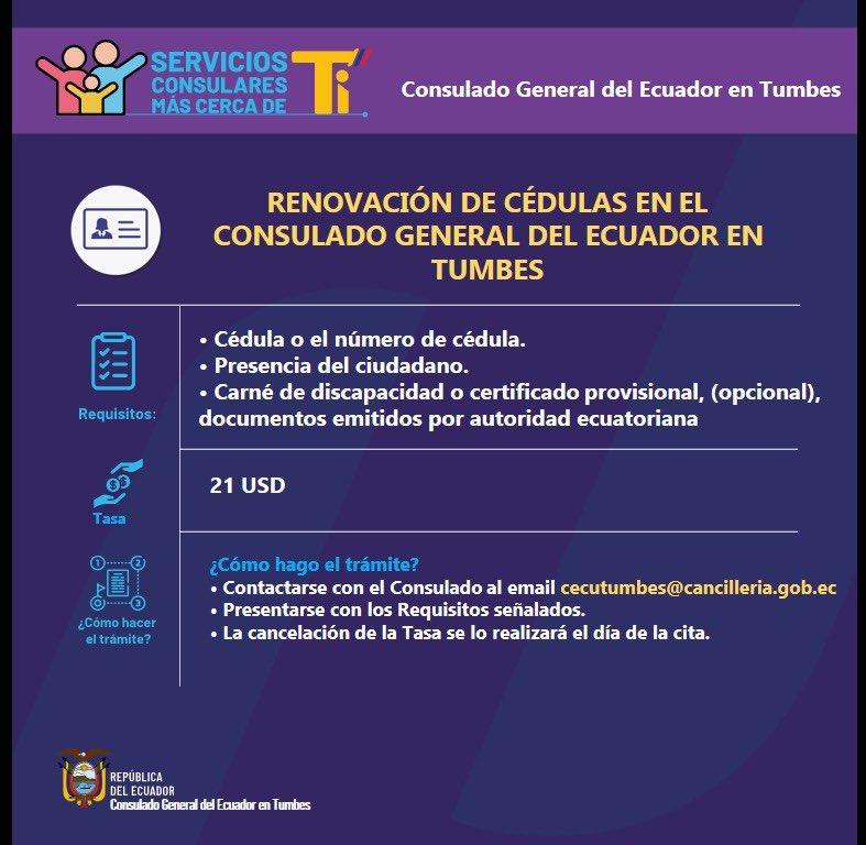 📌 El Consulado General del Ecuador en Tumbes, informa a la comunidad ecuatoriana, sobre el nuevo servicio que brindamos, para la renovación de cédulas. @CancilleriaEc @EmbajadaEcuPER