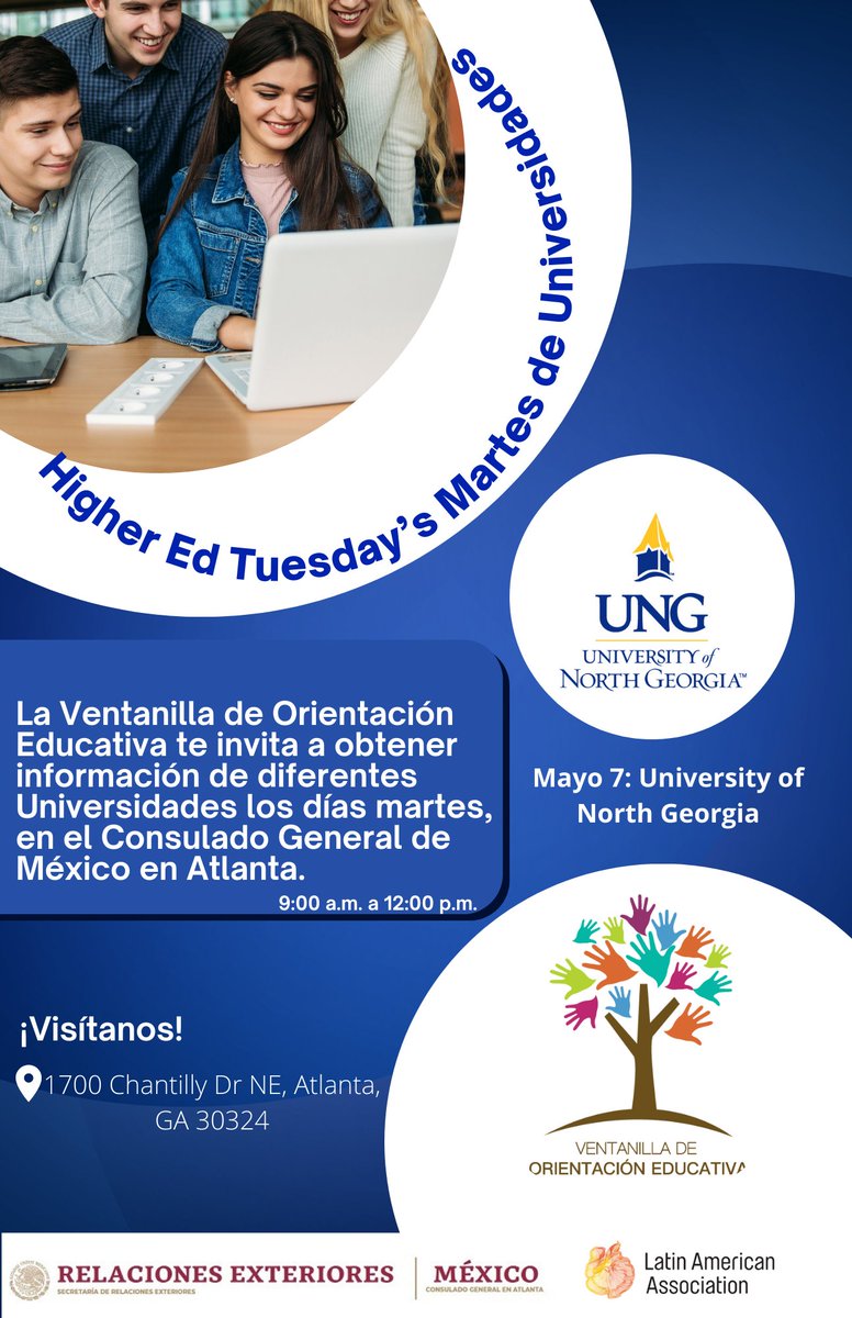 #TuConsulmexAtl te invita a conocer la oferta educativa de 📚 University of North Georgia, gratis y en español. 📅El día martes 7 de mayo de 9:00 am a 12:00 pm.⏰ ¡Te esperamos!, en 📍1700 Chantilly Dr NE, Atlanta, GA 30324. #EduaciónParaTodasyTodos