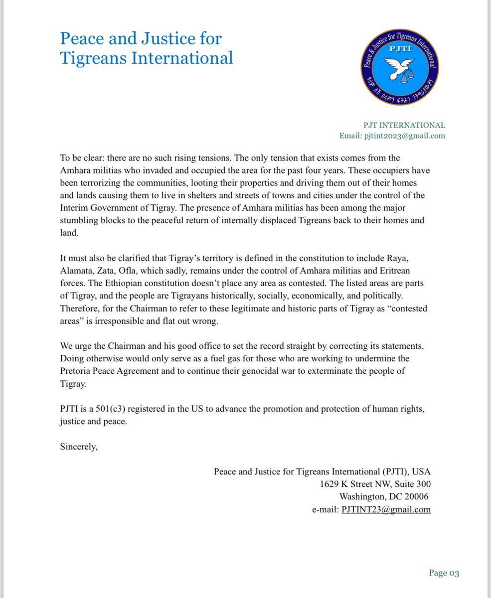 PJTinter's tweet photo. 📣Press Release- PJTI expresses deep disappointment with the April 25th misleading &amp; dangerous statement by @AUC_MoussaFaki which could lead to another war in the region especially #Tigray. He rejected the Ethiopian constitution &amp; called illegally annexed areas as “contested”. No https://t.co/IkQRvTlwTD