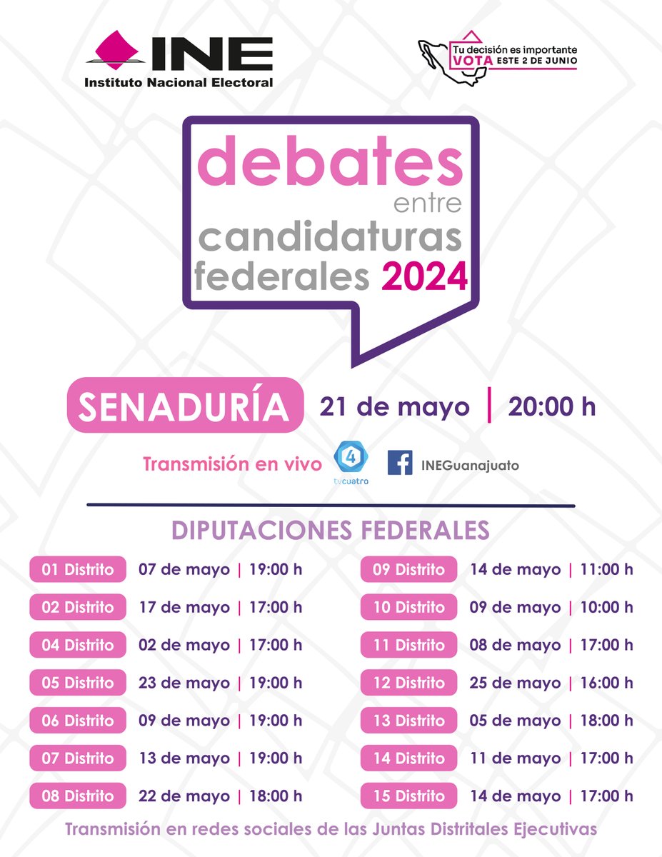 Conoce las fechas de los debates entre candidaturas federales 2024 y sigue las transmisiones por nuestras redes sociales. Tu decisión es importante vota este 2 de junio. #Elecciones2024MX