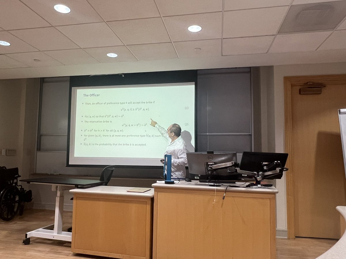 Professor Manuel Santos is giving a presentation on the paper “Corruption, The Ability to Pay, and the Cost of Breaking the Law”. He used the principal agent approach to study bribe and anticorruption system. Very intriguing.