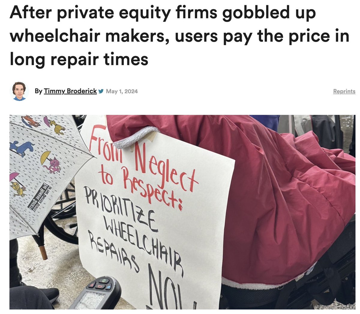 The wheelchair industry is now controlled by two private equity firms. They won't prioritize repairs, which aren't as profitable. So countless users have broken chairs and can't afford new ones. 'My bones are deforming,' said one senior who's waited for a repair for 3 years.