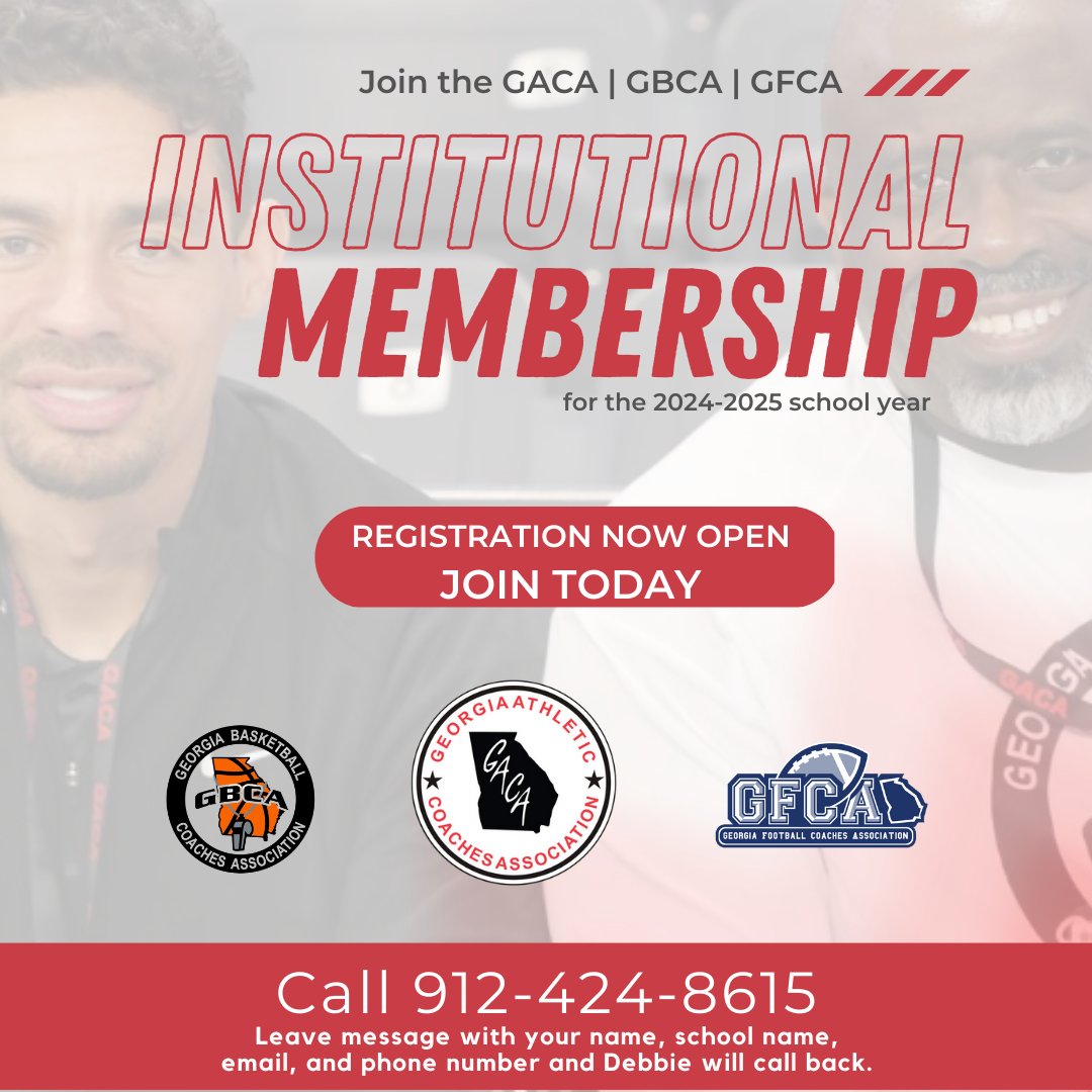 Hey coaches and administrators, are you ready to take your network to the next level? Join the GACA, GBCA, and GFCA as an Institutional Member and connect with over 9300 top coaches and administrators from all over Georgia! 🌟 Call Debbie at 912-424-8615 today.