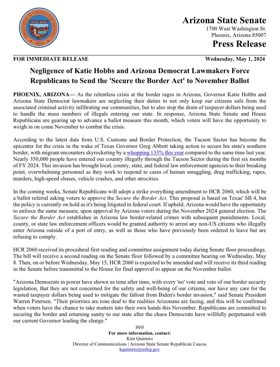 🚨FOR IMMEDIATE RELEASE: Negligence of Katie Hobbs and Arizona Democrat Lawmakers Force Republicans to Send the 'Secure the Border Act' to November Ballot