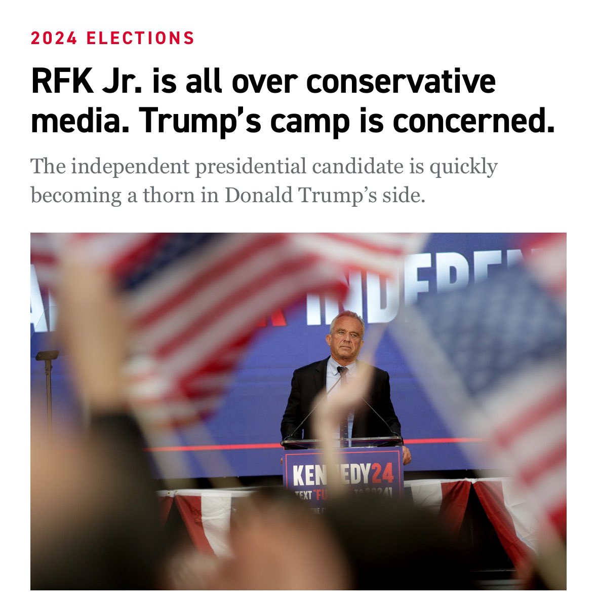 Politico: Trump co-campaign manager Chris LaCivita is concerned that conservative platforms “continue to give a voice” to RFK Jr. “Kennedy, meanwhile, is talking to millions of right-leaning voters” “Kennedy has become a regular on Fox News and Newsmax, and he is now a staple…