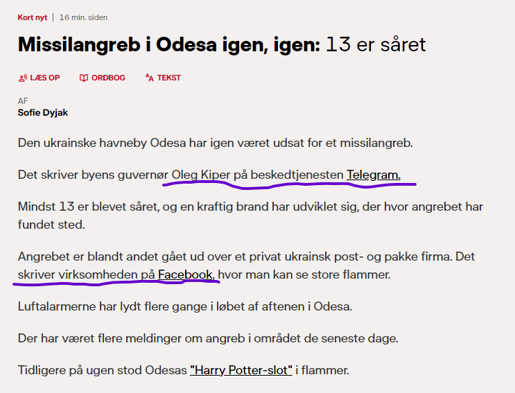 Jeg har absolut intet at udsætte på @DRNyheder, at de dækker et angreb på #Odesa ved at referere til Telegram og FB. Mit problem er at man ikke dækker #Gaza på samme måde, men undlader 'fordi vi ikke er tilstede'. Det er simpelthen ikke godt nok, #dkmedier. #GazaGenocide‌ #dkpol