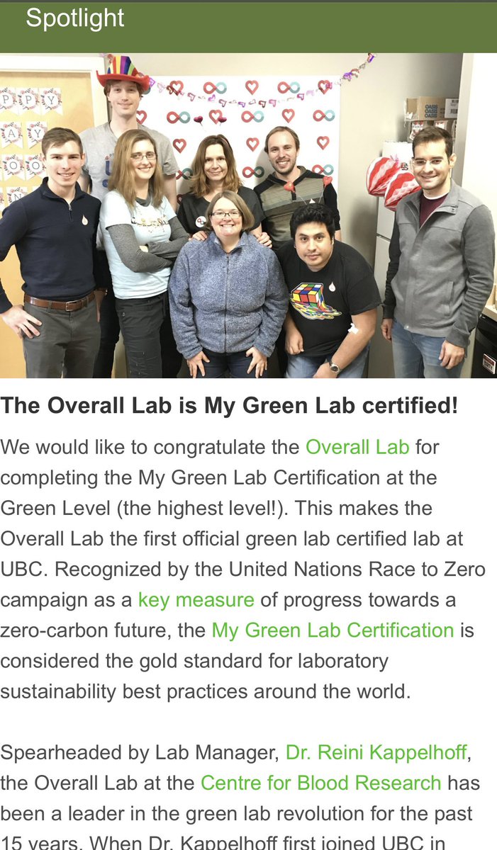 Yeah!! We completed the My Green Lab Certification at the Green Level (highest level!). This makes us the first official green lab certified lab at UBC. Thanks for spearheading @DrReiniK!!! @ubc @CBR_UBC @ubclifesciences @sustainUBC @ubcprez