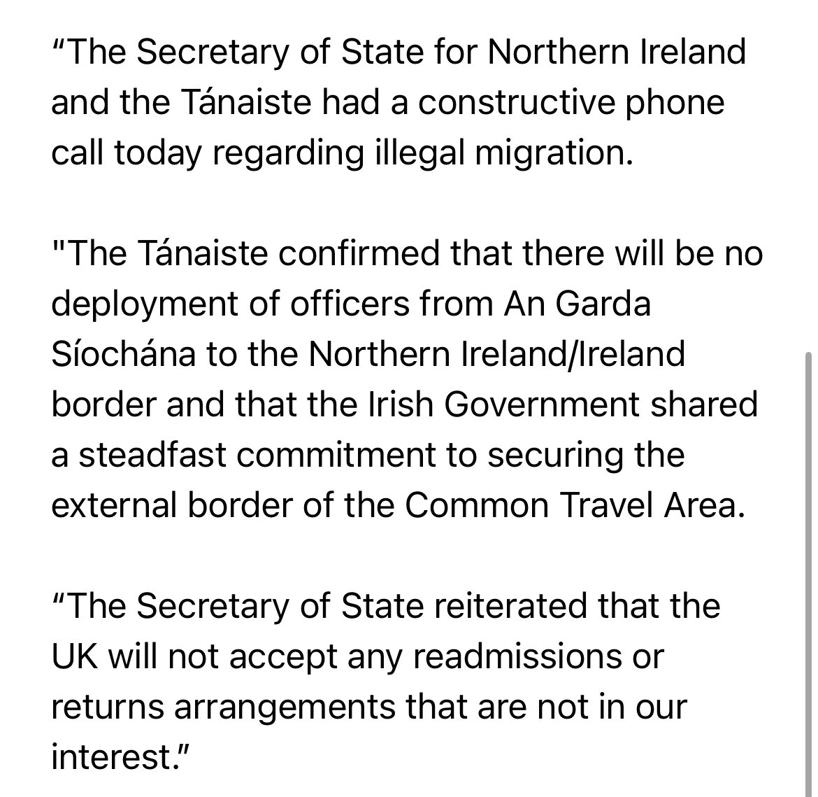 The SoS and Tanaiste have had a phone call tonight re illegal migration - readout from the NIO says Michéal Martin confirmed “no deployment of officers from An Garda Síochána” to the NI/RoI border