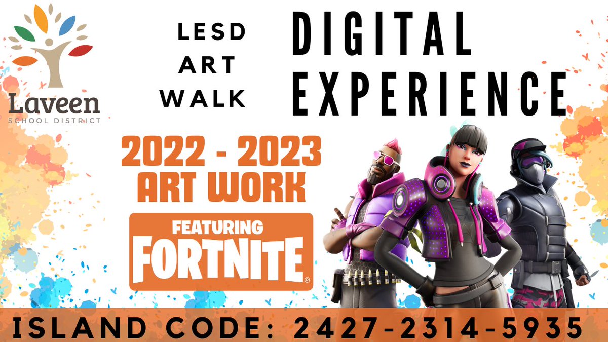 The Laveen Art Walk Digital Experience is now public and available for anyone to view in #Fortnite! Use Island Code below or search for 'Laveen Art Walk' in Fortnite. If you don't have Fortnite here is a #YouTube walk-through: youtu.be/xq8hjT6UsB4 #esportsedu #edtech #UEFN