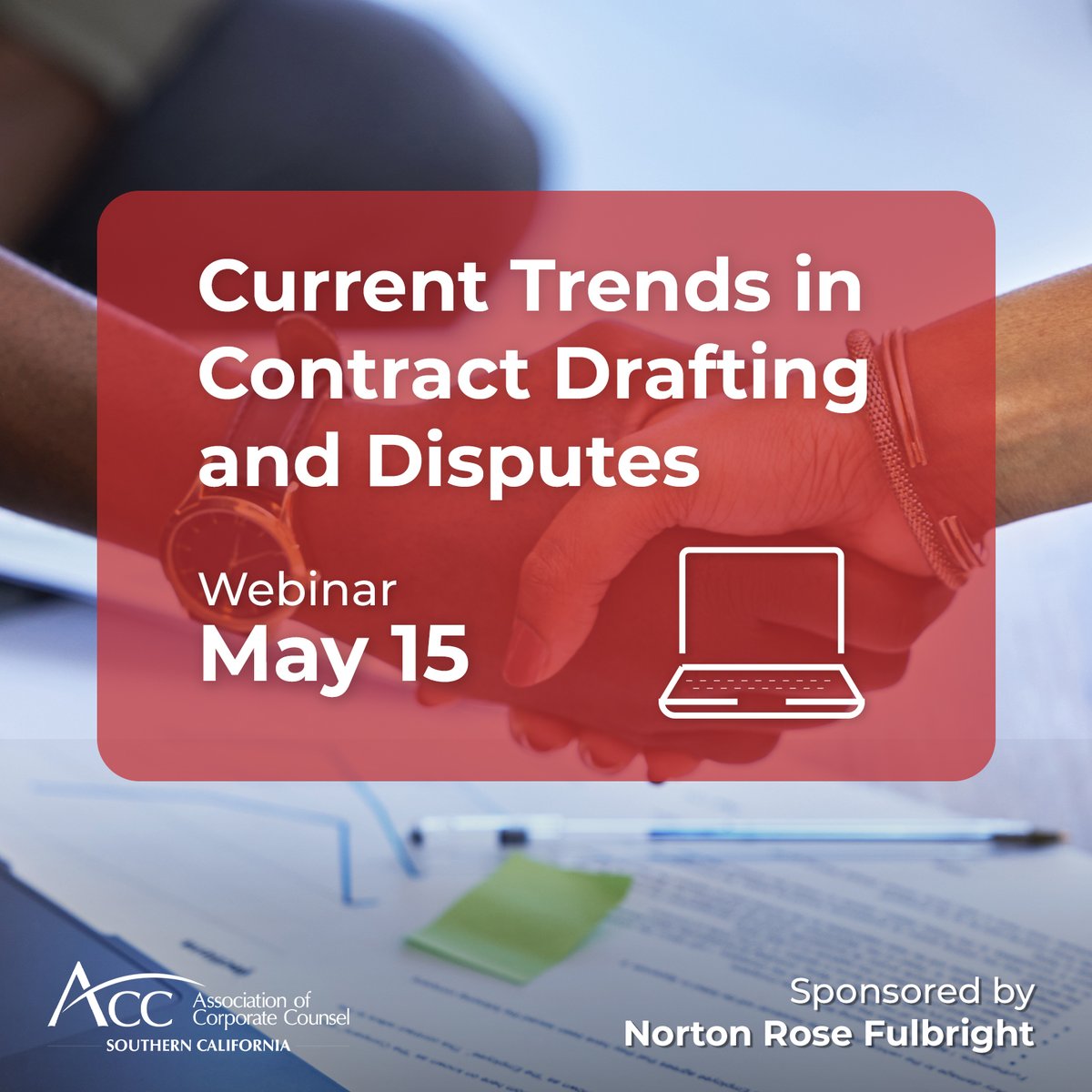 UPCOMING WEBINAR

Current Trends in Contract Drafting and Disputes

Click Here To RSVP
acc.com/education-even…

#acc #accsouthernca #accsocalevents #accfamily #corporatecounsel #inhousecounsel #webinar
