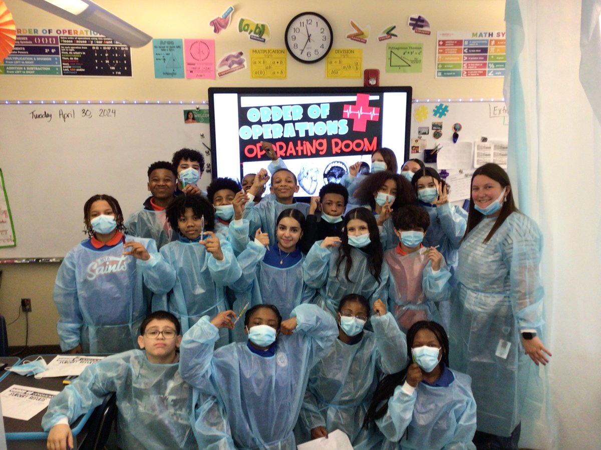 Yesterday, Ms. Nolan’s middle school math classroom was transformed into a “hospital” where the students performed eight surgeries! Students evaluated various levels of expressions following the order of operations. Students wore masks and gowns just for fun! #MTA #MathFun 🔢🏥