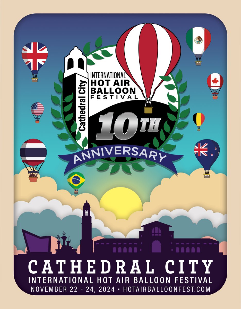 SAVE THE DATE! Join us Nov. 22-24, 2024, for a special 10th Anniversary celebration at this year's Cathedral City International Hot Air Balloon Festival! 🎈 🎉 Our headline concert act will be announced soon and a complete schedule will be unveiled at hotairballoonfest.com!