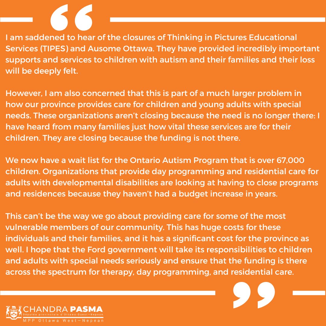 The recent closure of local organizations who have been providing services to kids with autism is a huge loss. The province needs to step up and make sure these kids are supported. Read the full statement below⬇️ #onpoli