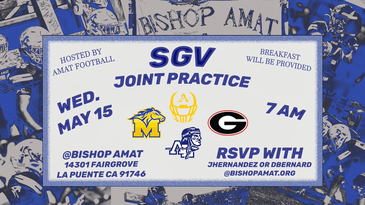 Bishop Amat will be hosting a joint practice with Muir, Glendora, and Alta Loma. Wednesday, May 15th @7am. Coaches please R.S.V.P. Breakfast will be provided @MuirFootball @CoachHagerty @GlendoraHighFB @FootballAlta
