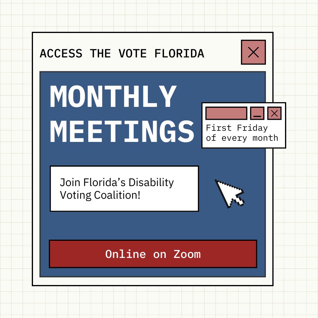 Join Access the Vote Florida, Florida's chapter of the @AAPD REV UP Voting Campaign! You can join our monthly coalition meetings on Zoom to get involved and learn more about the disability voting advocacy work we're doing in Florida. #CripTheVote #DisabilityVote