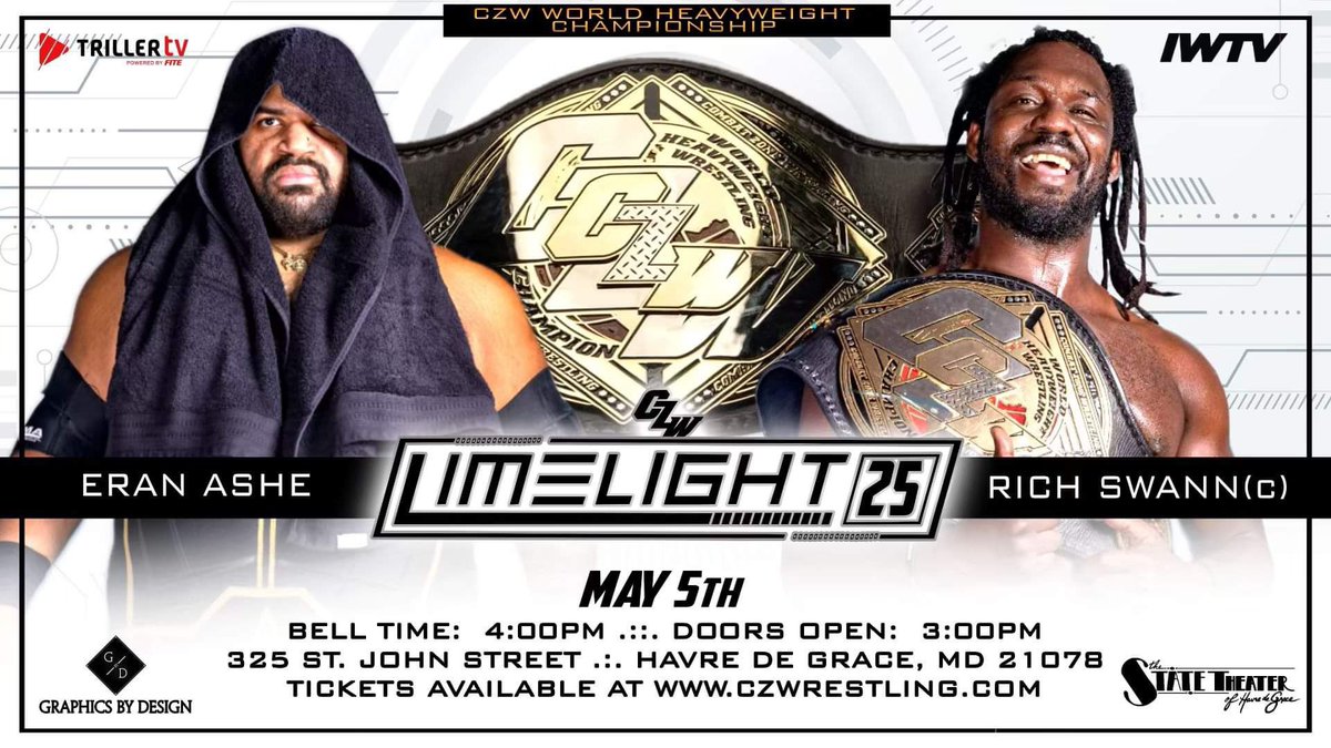 ICYMI ERAN ASHE finally gets his title shot as he takes on the CZW World Heavyweight Champion RICH SWANN this Sunday at Limelight 25! 🎟️: tinyurl.com/czwlime25 📺: FITE & IWTV CZW presents “Limelight 25” Sunday, May 5th, 2024 325 St. John St, Havre de Grace, MD 🚪3pm, 🔔4pm