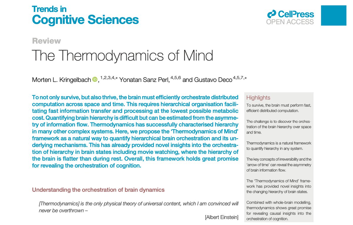 Is there an arrow of time in the brain? Can Boltzmann and Shannon's ideas be used to understand it? Check this paper by @icreacommunity Gustavo Deco, @ysanz6 Morten Kringelbach on how physics and information theory reveal how hierarchical cognition works cell.com/trends/cogniti…