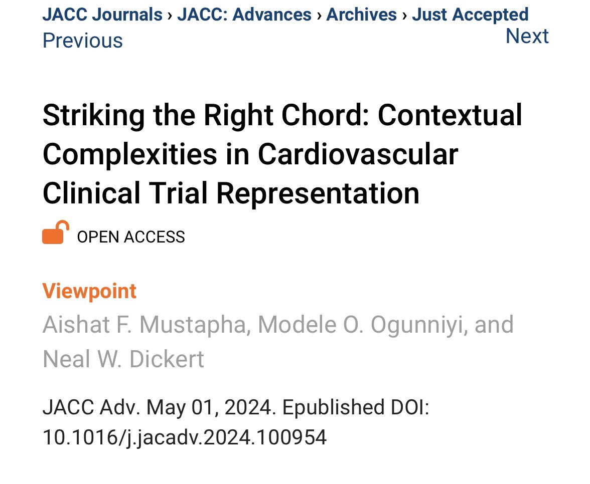 Diversity in clinical trials is crucial. Our @JACCJournals #JACC Advances viewpoint article highlights complexities of representation in cardiovascular clinical trials and #equitable solutions. Thanks to @modeldoc and Dr. Neal Dickert! #HealthEquity jacc.org/doi/10.1016/j.…