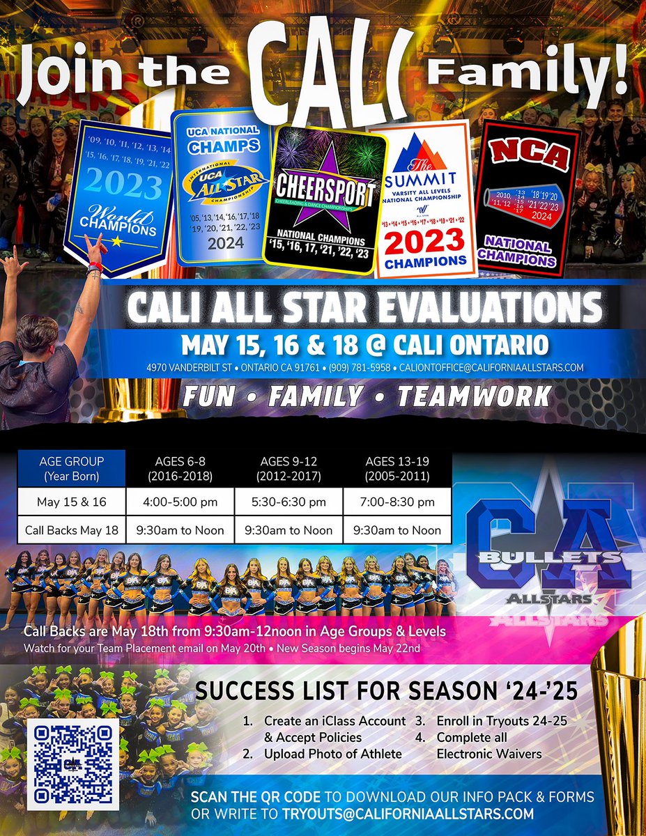 CALI ONTARIO TRYOUTS! DATES/AGE GROUPS: 🥇 5/15 4-5pm Ages: 6-8 5:30-6:30p Ages: 9-12 7:00-8:30p Ages: 13-19 🥇5/16 4-5pm Ages: 6-8 5:30-6:30p Ages: 9-12 7:00-8:30p Ages: 13-19 🥇5/18 Call Backs from 9:30am-12pm in Age groups & Levels 🌟Flyer Tryouts 🌟Worlds CALL BACKS