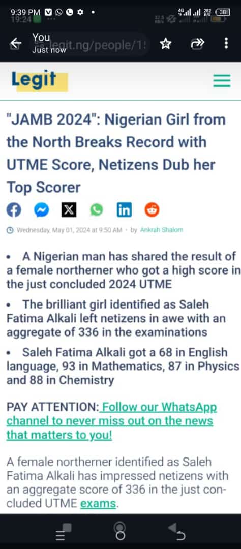 Did you know Fatima Saleh Alkali who scored 336 in the just concluded 2024 UTME? she's and indigen of Yobe State from Bade local government (Gashua) and lastly she's my daughter, fatiti may Allah bless your knowledge.