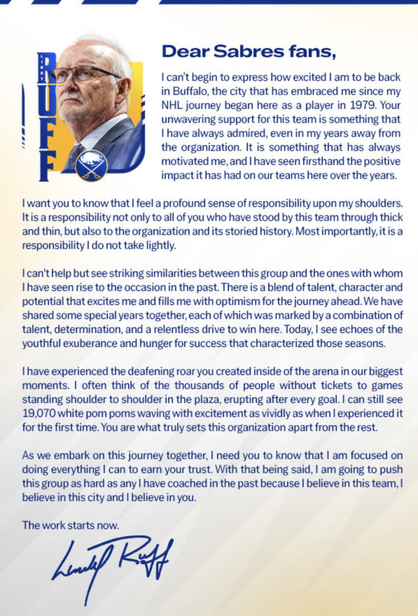 The Sabres sent this out today… A message from Lindy Ruff: