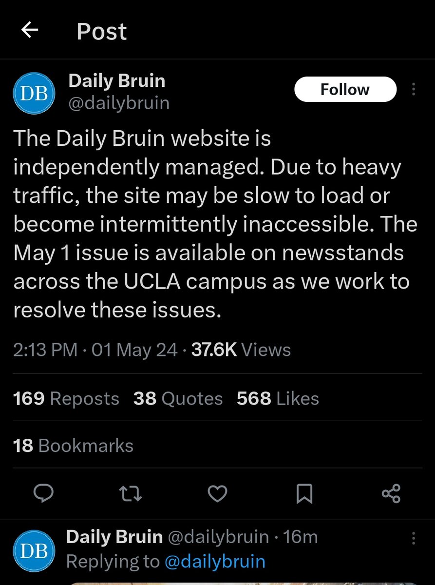 Misinformation alert. The Daily Bruin website is not managed by UCLA IT and their own Twiiter reports the issue is heavy traffic demand.