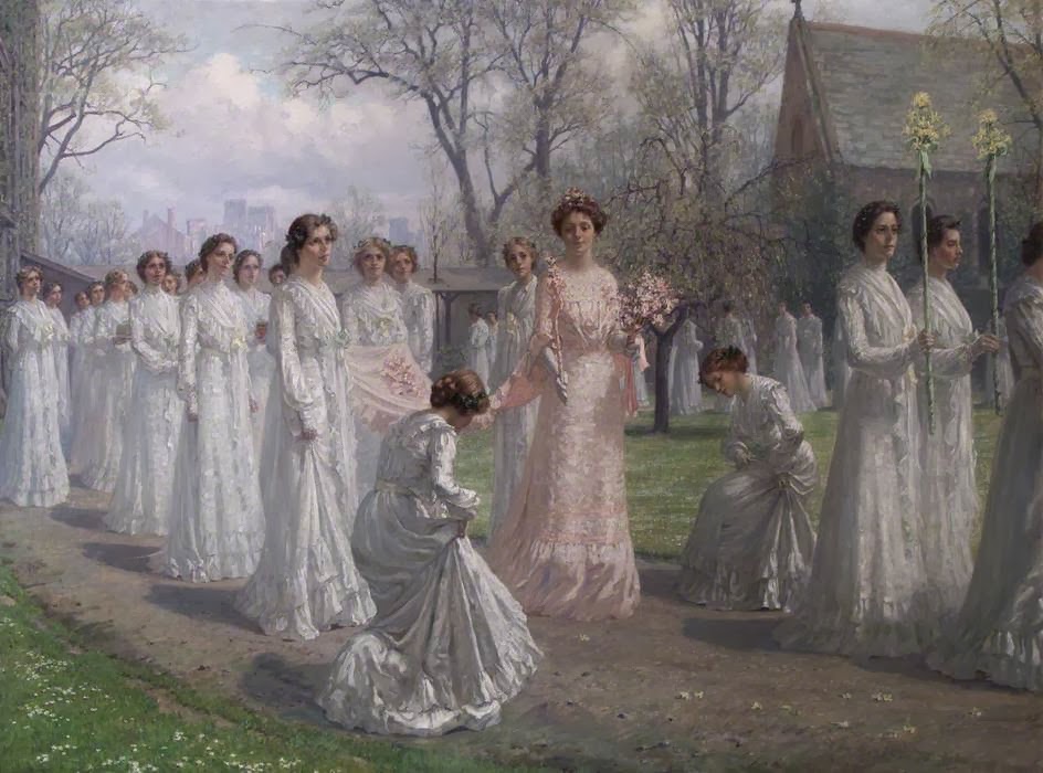 Painting at Bedtime.
Whitelands College May Day Procession 1902.
Anna Richards Brewster.

I posted this a couple of years ago but it is a nice painting so here it is again. The College is now part of the University of Roehampton in London, but the tradition still exists.